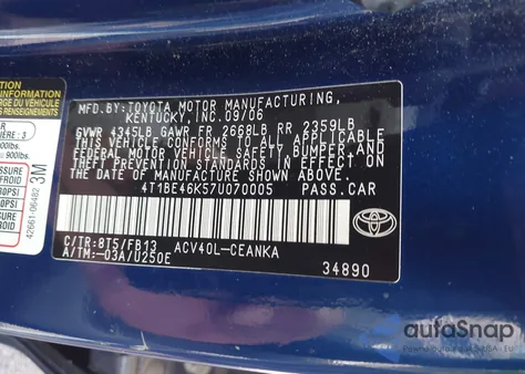 2007 Toyota Camry Ce из США, поврежденный, VIN 4T1BE46K57U070005